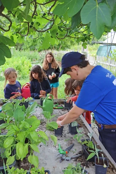 Un groupe d'enfants et leur animatrice plantent dans des godets