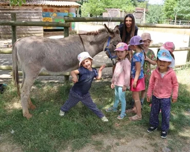 une groupe d'enfants et leur animatrice posent devant un âne