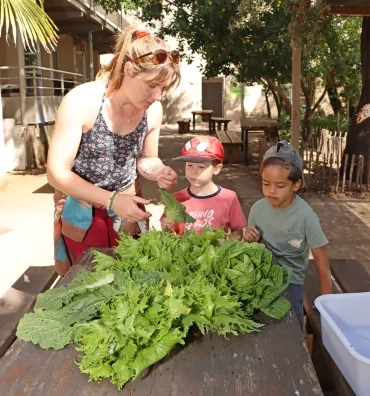 deux enfants et leur animatrice trient de la salade