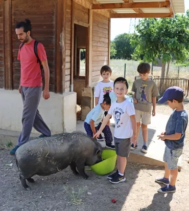 une groupe d'enfants et leur animateur sont autour d'un cochon