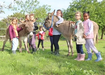 Un groupe d'enfants et leur animatrice sont à côté de deux ânes