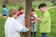 Un groupe d'enfants peint un tronc d'arbre avec de l'argile