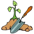 Illustration d'une plante sur une motte de terre et d'un transplantoir