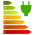 Illustration de l'éfficaté énergétique avec des barres fléchées de A à G verte à rouge les unes au dessus des autres et une prise